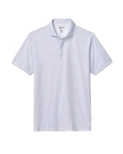 Light-colored men's Rez Polo by Johnnie-O with short sleeves, featuring a small floral pattern and a buttoned collar. This moisture-wicking polo offers UPF 50 protection and displays the Johnnie-O label inside the neckline, laid flat on a white background.