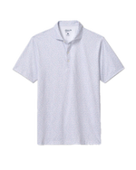The Johnnie-O Kipler Polo is a light grey short-sleeve shirt featuring a subtle all-over print, classic collar, and two-button placket. Crafted from moisture-wicking fabric for all-day comfort, it is displayed on a white background.