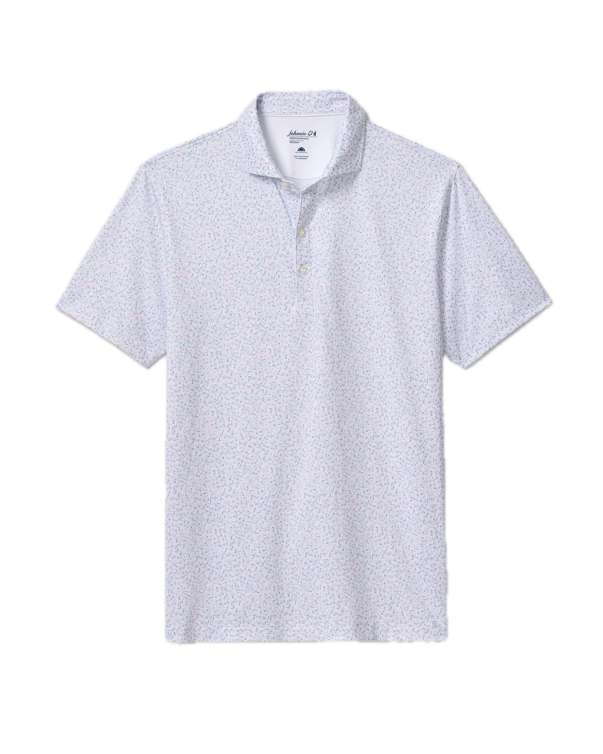 The Johnnie-O Kipler Polo is a light grey short-sleeve shirt featuring a subtle all-over print, classic collar, and two-button placket. Crafted from moisture-wicking fabric for all-day comfort, it is displayed on a white background.