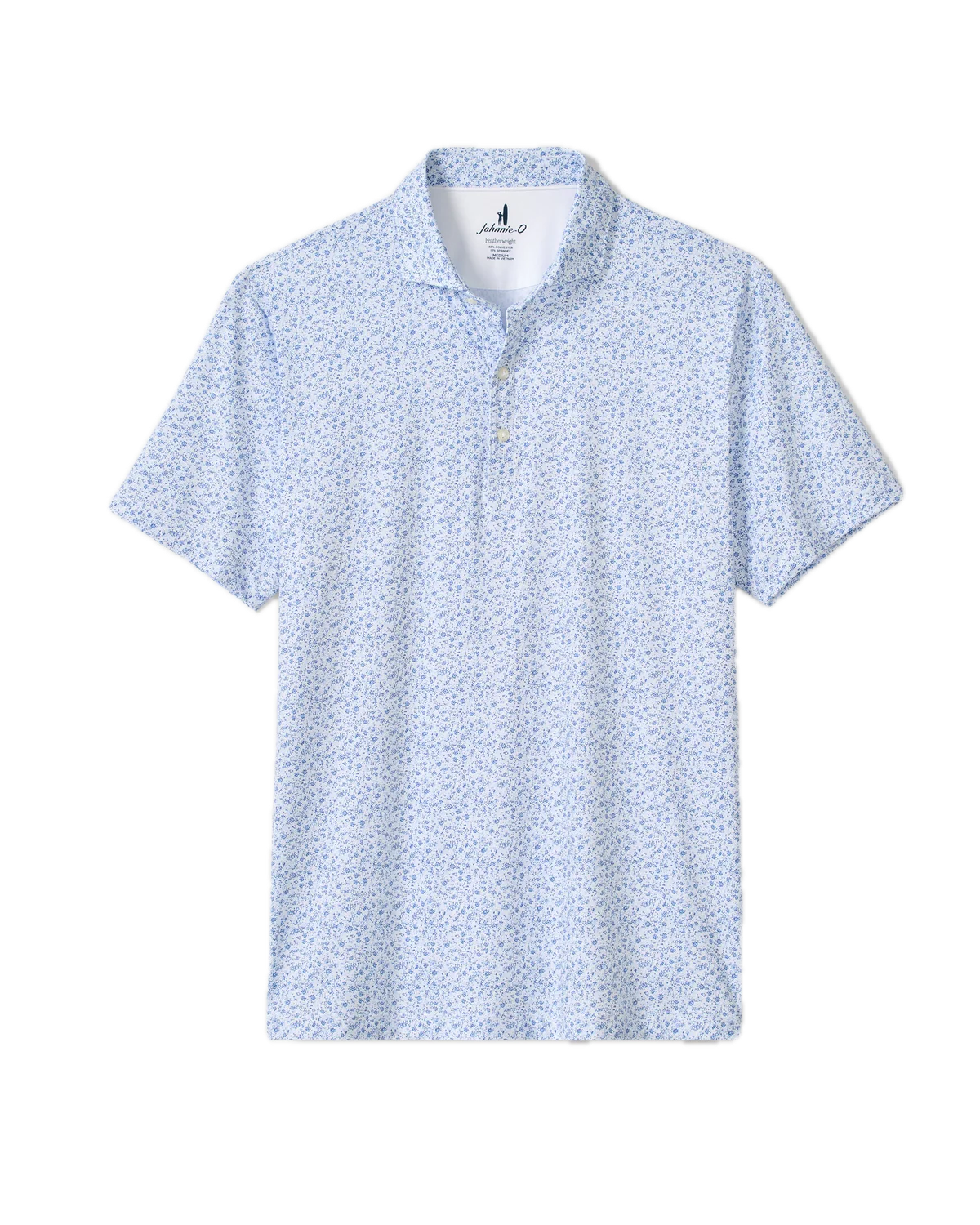 The Johnnie-O Marietta Polo is a light blue, short-sleeve featherweight shirt with a subtle small floral print, featuring a buttoned neckline and a classic collar. Displayed on a white background, this stylish piece combines the lightweight comfort of modern design with the timeless appeal of classic performance polos.