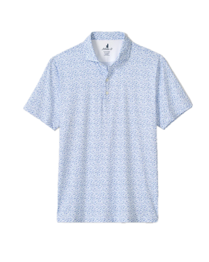 The Johnnie-O Marietta Polo is a light blue, short-sleeve featherweight shirt with a subtle small floral print, featuring a buttoned neckline and a classic collar. Displayed on a white background, this stylish piece combines the lightweight comfort of modern design with the timeless appeal of classic performance polos.