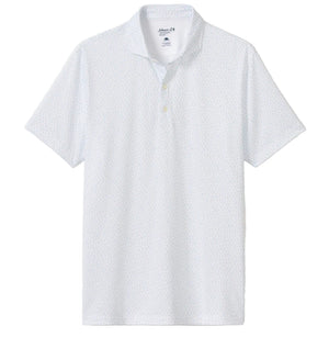 The Johnnie-O Marina Polo is a white, lightweight shirt featuring a subtle textured pattern, three buttons, and a collar. Made from moisture-wicking fabric, it’s shown laid flat on a white background.