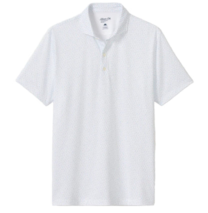 The Johnnie-O Marina Polo is a white, lightweight shirt featuring a subtle textured pattern, three buttons, and a collar. Made from moisture-wicking fabric, it’s shown laid flat on a white background.