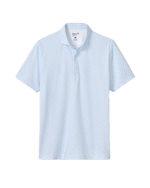 The Johnnie-O Minty Polo is a light blue short-sleeve men's performance shirt featuring a subtle geometric pattern, button placket, and collar, shown on a white background. Its moisture-wicking fabric ensures all-day comfort, while UPF50 material provides added sun protection.