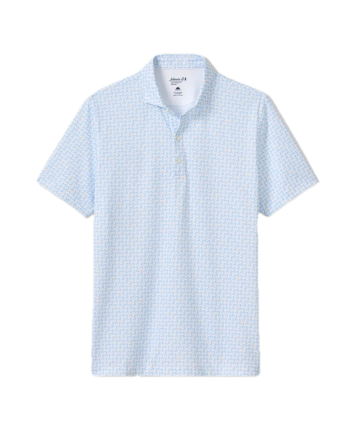 The Johnnie-O Minty Polo is a light blue short-sleeve men's performance shirt featuring a subtle geometric pattern, button placket, and collar, shown on a white background. Its moisture-wicking fabric ensures all-day comfort, while UPF50 material provides added sun protection.