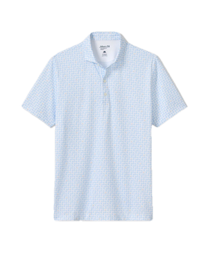 The Johnnie-O Minty Polo is a light blue short-sleeve men's performance shirt featuring a subtle geometric pattern, button placket, and collar, shown on a white background. Its moisture-wicking fabric ensures all-day comfort, while UPF50 material provides added sun protection.