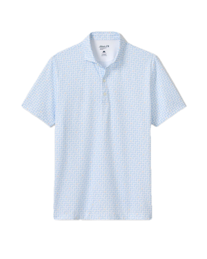 The Johnnie-O Minty Polo is a light blue short-sleeve men's performance shirt featuring a subtle geometric pattern, button placket, and collar, shown on a white background. Its moisture-wicking fabric ensures all-day comfort, while UPF50 material provides added sun protection.