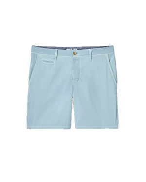 The Nassau Shorts by Johnnie-O are men’s Bermuda-style shorts in light blue, crafted from lightweight fabric. They feature belt loops, a button closure, two side pockets, and a small welt pocket on the right side. These shorts are displayed against a white background.