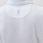Close-up of the back of a person wearing the Johnnie-O Marina Polo, a white collared lightweight polo with a light blue abstract pattern, moisture-wicking fabric, and a small embroidered figure below the collar.