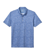 Introducing the Osmond Polo from Johnnie-O: a blue short-sleeve polo shirt featuring a subtle light blue and white floral pattern, three-button placket, and a classic folded collar. Crafted from lightweight, moisture-wicking fabric for all-day comfort, this polo is shown laid flat against a white background.