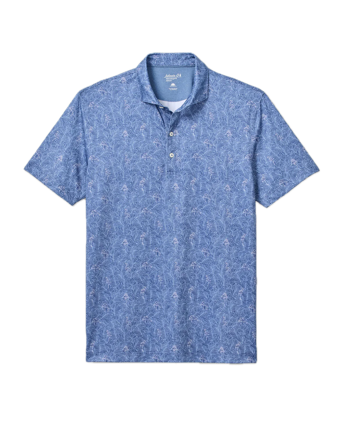 Introducing the Osmond Polo from Johnnie-O: a blue short-sleeve polo shirt featuring a subtle light blue and white floral pattern, three-button placket, and a classic folded collar. Crafted from lightweight, moisture-wicking fabric for all-day comfort, this polo is shown laid flat against a white background.