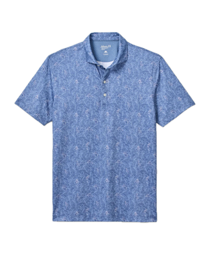 Introducing the Osmond Polo from Johnnie-O: a blue short-sleeve polo shirt featuring a subtle light blue and white floral pattern, three-button placket, and a classic folded collar. Crafted from lightweight, moisture-wicking fabric for all-day comfort, this polo is shown laid flat against a white background.