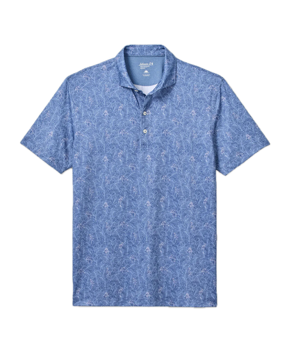 Introducing the Osmond Polo from Johnnie-O: a blue short-sleeve polo shirt featuring a subtle light blue and white floral pattern, three-button placket, and a classic folded collar. Crafted from lightweight, moisture-wicking fabric for all-day comfort, this polo is shown laid flat against a white background.