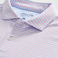 A close-up of the Johnnie-O Rez Polo, a light blue men's polo shirt featuring thin red and white horizontal stripes and white buttons. This moisture-wicking polo provides UPF 50 sun protection for all-day comfort.