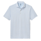 The Seymour Polo by Johnnie-O is a short-sleeved performance shirt with light blue and white horizontal stripes, featuring a collar and a three-button placket. Presented against a solid white background, this Featherweight polo delivers exceptional comfort and built-in sun protection for all-day wear.