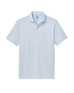 The Seymour Polo by Johnnie-O is a short-sleeved performance shirt with light blue and white horizontal stripes, featuring a collar and a three-button placket. Presented against a solid white background, this Featherweight polo delivers exceptional comfort and built-in sun protection for all-day wear.