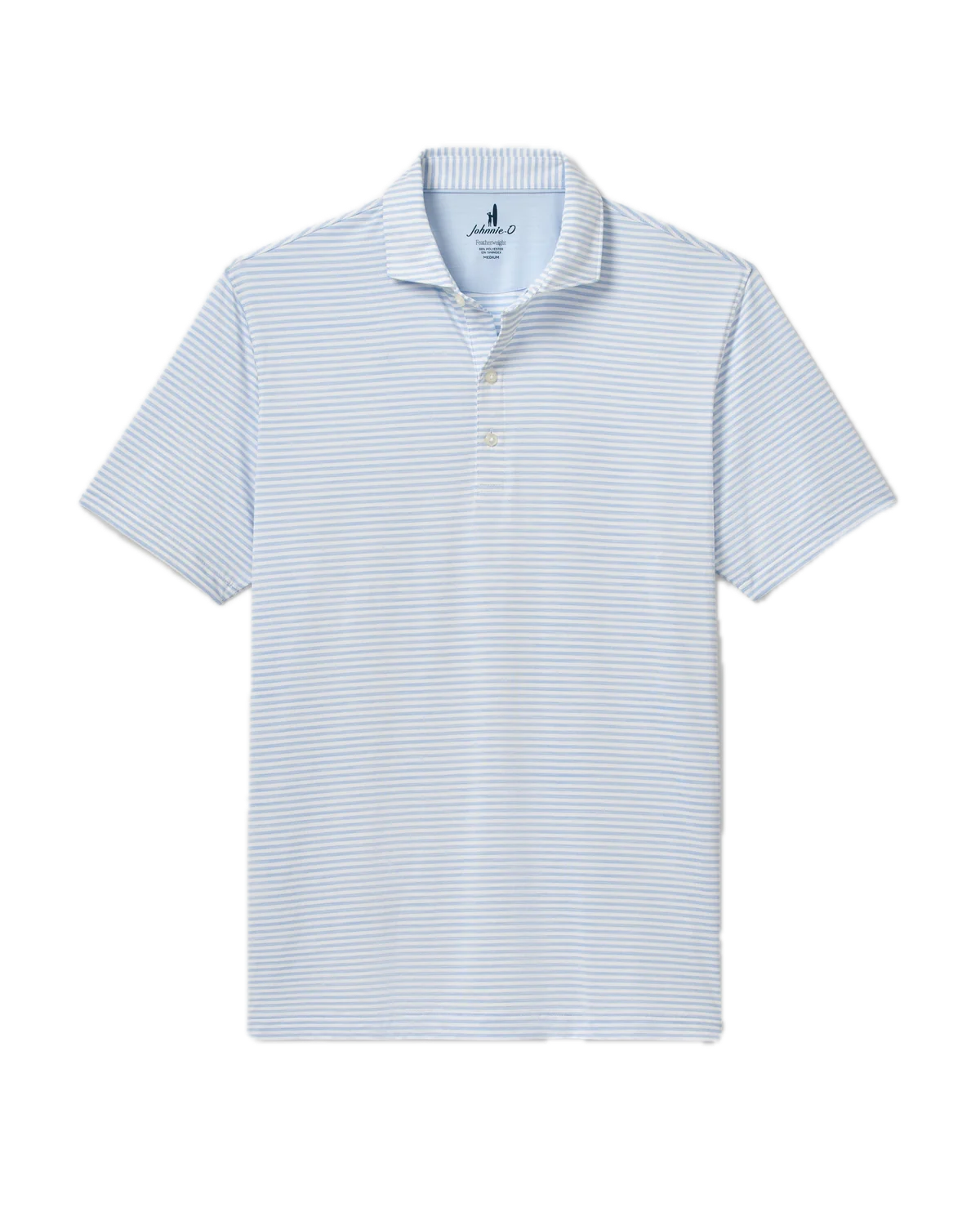 The Seymour Polo by Johnnie-O is a short-sleeved performance shirt with light blue and white horizontal stripes, featuring a collar and a three-button placket. Presented against a solid white background, this Featherweight polo delivers exceptional comfort and built-in sun protection for all-day wear.