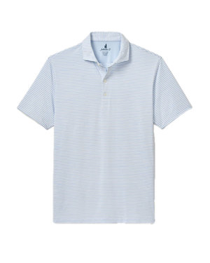 The Seymour Polo by Johnnie-O is a short-sleeved performance shirt with light blue and white horizontal stripes, featuring a collar and a three-button placket. Presented against a solid white background, this Featherweight polo delivers exceptional comfort and built-in sun protection for all-day wear.