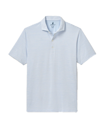 The Seymour Polo by Johnnie-O is a short-sleeved performance shirt with light blue and white horizontal stripes, featuring a collar and a three-button placket. Presented against a solid white background, this Featherweight polo delivers exceptional comfort and built-in sun protection for all-day wear.