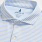 Close-up of a light blue and white striped collared shirt with buttons, featuring the Johnnie-O brand label and size details inside the collar—crafted in the signature performance style of the Johnnie-O Seymour Polo for enhanced comfort and sun protection.
