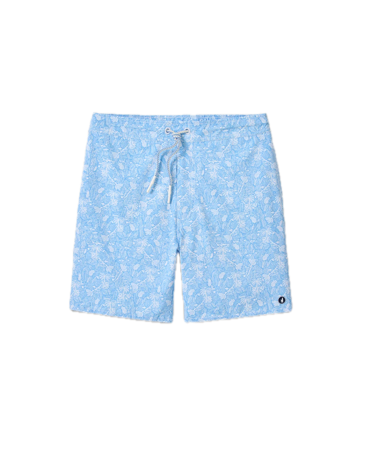 The Johnnie-O Swingin Swim Trunks, featuring a light blue fabric with a playful white floral print, white drawstring, and a small round black and white logo patch on the lower left leg, are stylish surf shorts shown on a white background.