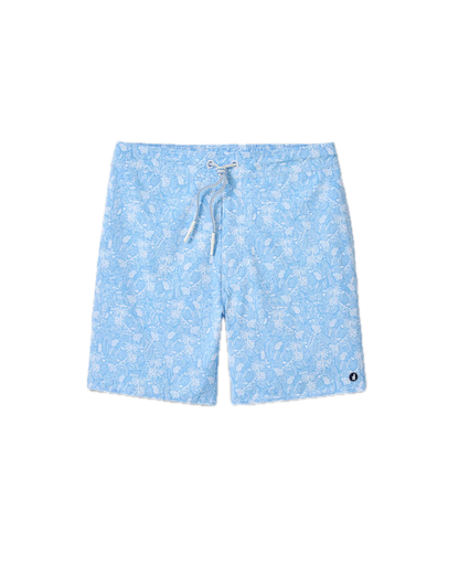 The Johnnie-O Swingin Swim Trunks, featuring a light blue fabric with a playful white floral print, white drawstring, and a small round black and white logo patch on the lower left leg, are stylish surf shorts shown on a white background.