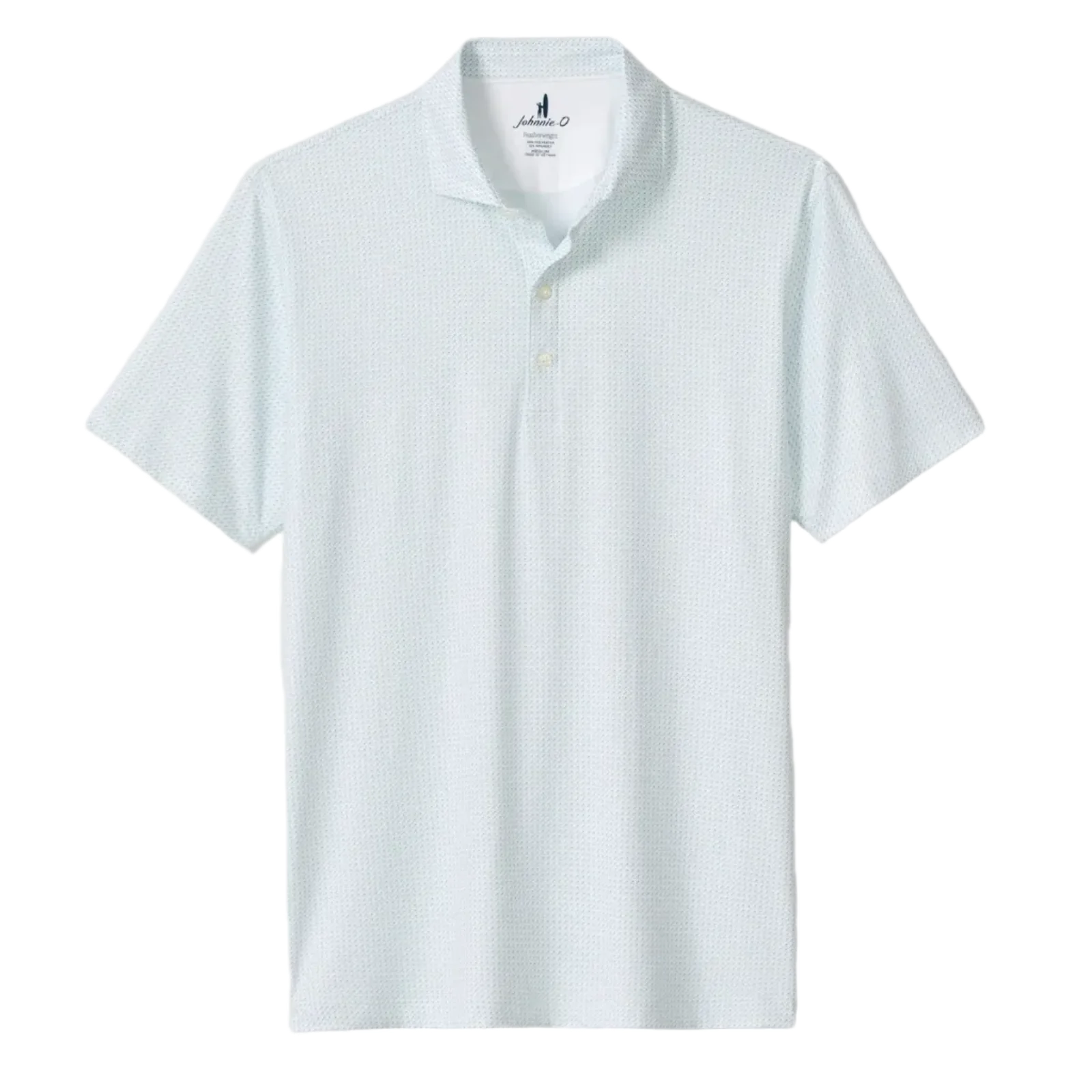 The Johnnie-O Tee Party Polo is a light blue short-sleeve shirt with a subtle textured pattern, featuring a three-button placket and a classic collar, displayed on a plain white background. Crafted from featherweight, moisture-wicking fabric, this polo is designed to keep you comfortable all day long.