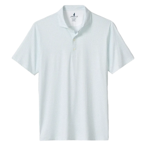 The Johnnie-O Tee Party Polo is a light blue short-sleeve shirt with a subtle textured pattern, featuring a three-button placket and a classic collar, displayed on a plain white background. Crafted from featherweight, moisture-wicking fabric, this polo is designed to keep you comfortable all day long.