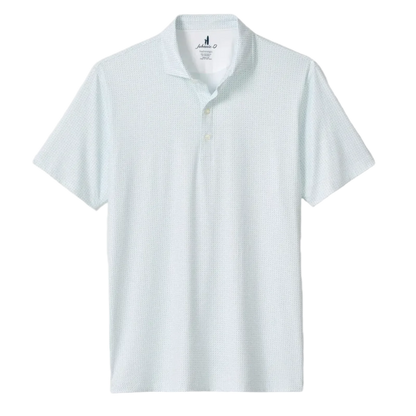 The Johnnie-O Tee Party Polo is a light blue short-sleeve shirt with a subtle textured pattern, featuring a three-button placket and a classic collar, displayed on a plain white background. Crafted from featherweight, moisture-wicking fabric, this polo is designed to keep you comfortable all day long.
