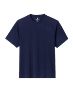 A Johnnie-O "The Tee" short-sleeve crew neck shirt in navy blue with a soft sand-washed finish is laid flat against a white background.