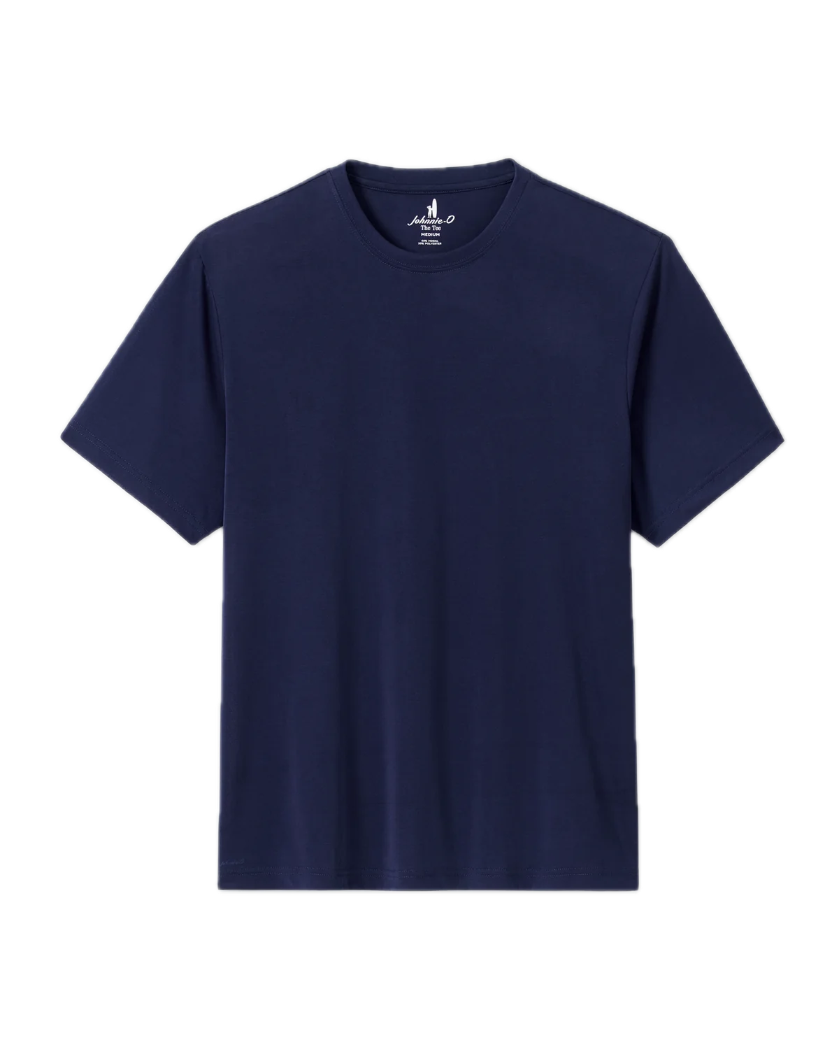 A Johnnie-O "The Tee" short-sleeve crew neck shirt in navy blue with a soft sand-washed finish is laid flat against a white background.