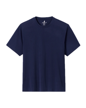 A Johnnie-O "The Tee" short-sleeve crew neck shirt in navy blue with a soft sand-washed finish is laid flat against a white background.