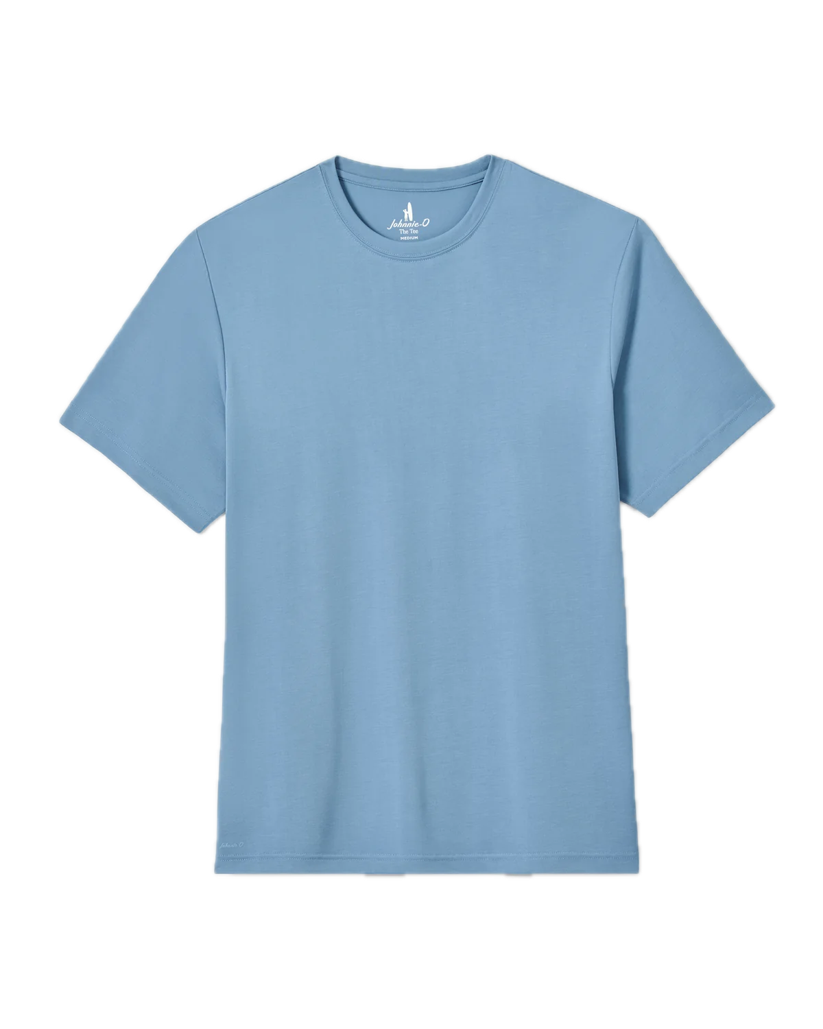 The Tee by Johnnie-O, a light blue short-sleeve crew neck shirt with a sand-washed finish, is shown laid flat on a white background for a relaxed, casual look.