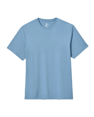 The Tee by Johnnie-O, a light blue short-sleeve crew neck shirt with a sand-washed finish, is shown laid flat on a white background for a relaxed, casual look.