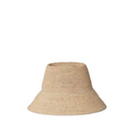 The Janessa Leone Felix Hat—a wide-brimmed, light brown raffia bucket hat—is shown against a plain white background, making it an ideal chic summer accessory.
