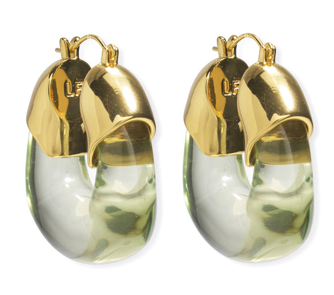Lizzie Fortunato Organic Gold Hoops feature translucent green resin lower halves and shiny gold metal upper sections.
