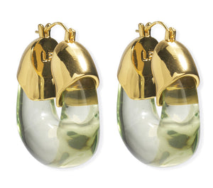 Lizzie Fortunato Organic Gold Hoops feature translucent green resin lower halves and shiny gold metal upper sections.