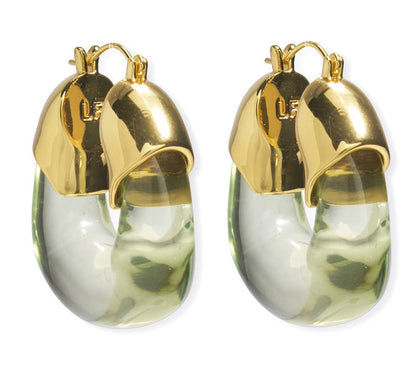 Lizzie Fortunato Organic Gold Hoops feature translucent green resin lower halves and shiny gold metal upper sections.