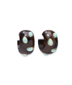 The Acacia Earrings by Lizzie Fortunato feature dark brown sandalwood hoops with turquoise and amazonite stones set in gold bezels, displayed against a white background.