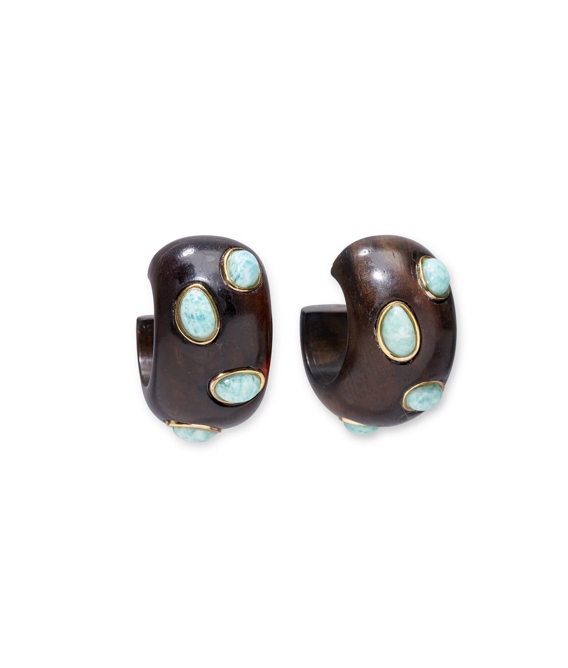The Acacia Earrings by Lizzie Fortunato feature dark brown sandalwood hoops with turquoise and amazonite stones set in gold bezels, displayed against a white background.