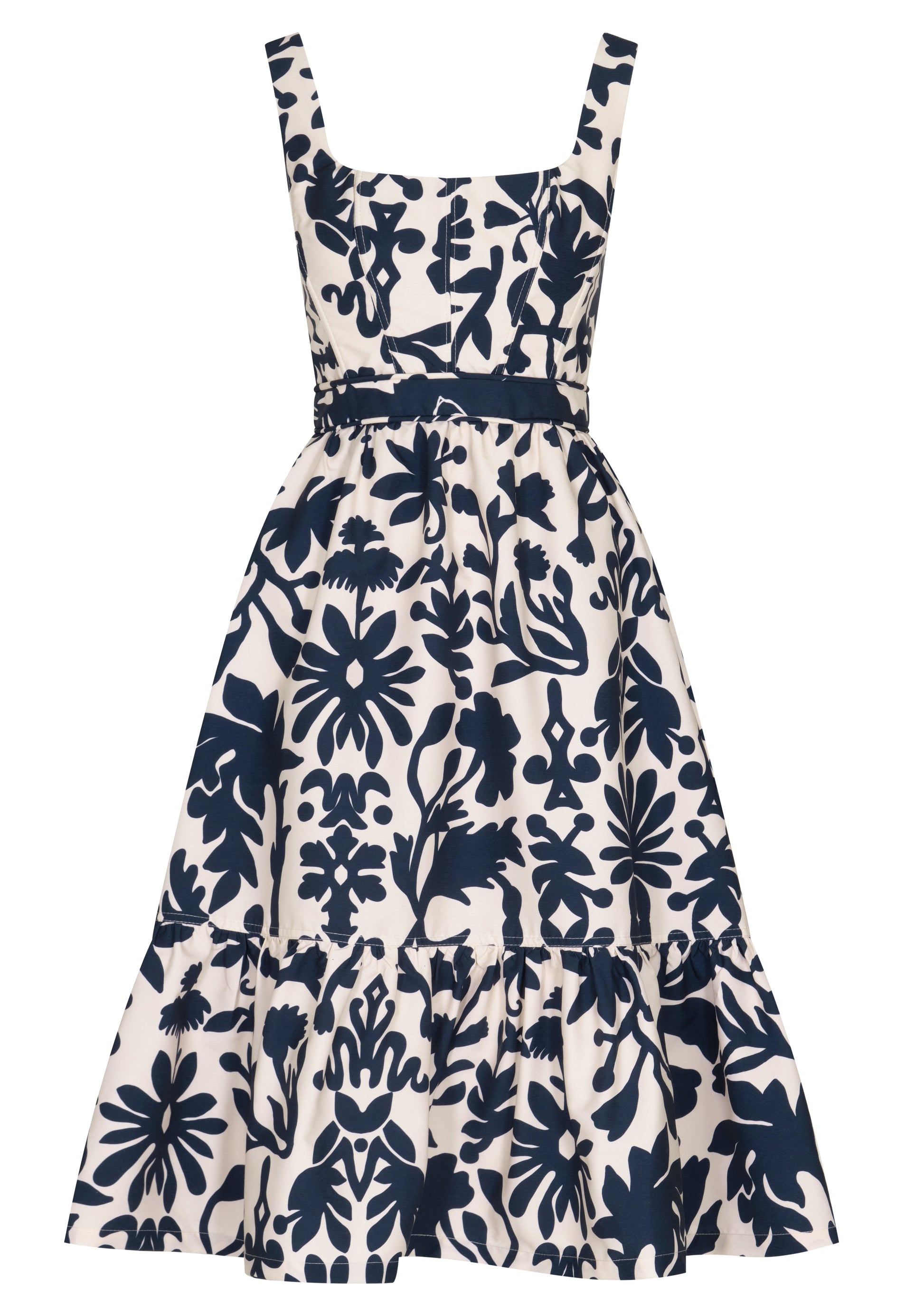 The Encanto Midi Dress by Andres Otalora features a classic feminine silhouette with a sleeveless design and square neckline. Its bold white and blue floral print decorates the fitted bodice, complemented by a charming ruffled hem.