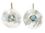 The Taj Disc Earrings by Lizzie Fortunato feature mother-of-pearl and light blue gemstones set in gold bezels with simple gold hooks—elegant mixed media earrings perfect for any occasion.