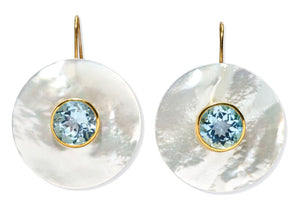 The Taj Disc Earrings by Lizzie Fortunato feature mother-of-pearl and light blue gemstones set in gold bezels with simple gold hooks—elegant mixed media earrings perfect for any occasion.