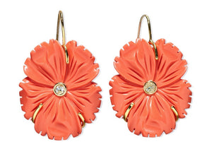 The New Bloom Earrings by Lizzie Fortunato are gold-plated brass, featuring coral-hued floral designs with mother-of-pearl blooms and a central clear gemstone on each earring.