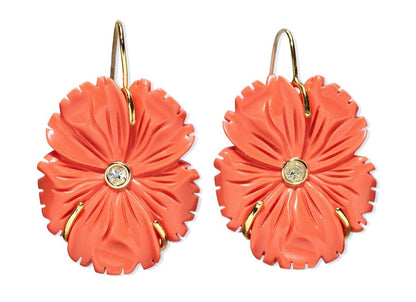 The New Bloom Earrings by Lizzie Fortunato are gold-plated brass, featuring coral-hued floral designs with mother-of-pearl blooms and a central clear gemstone on each earring.