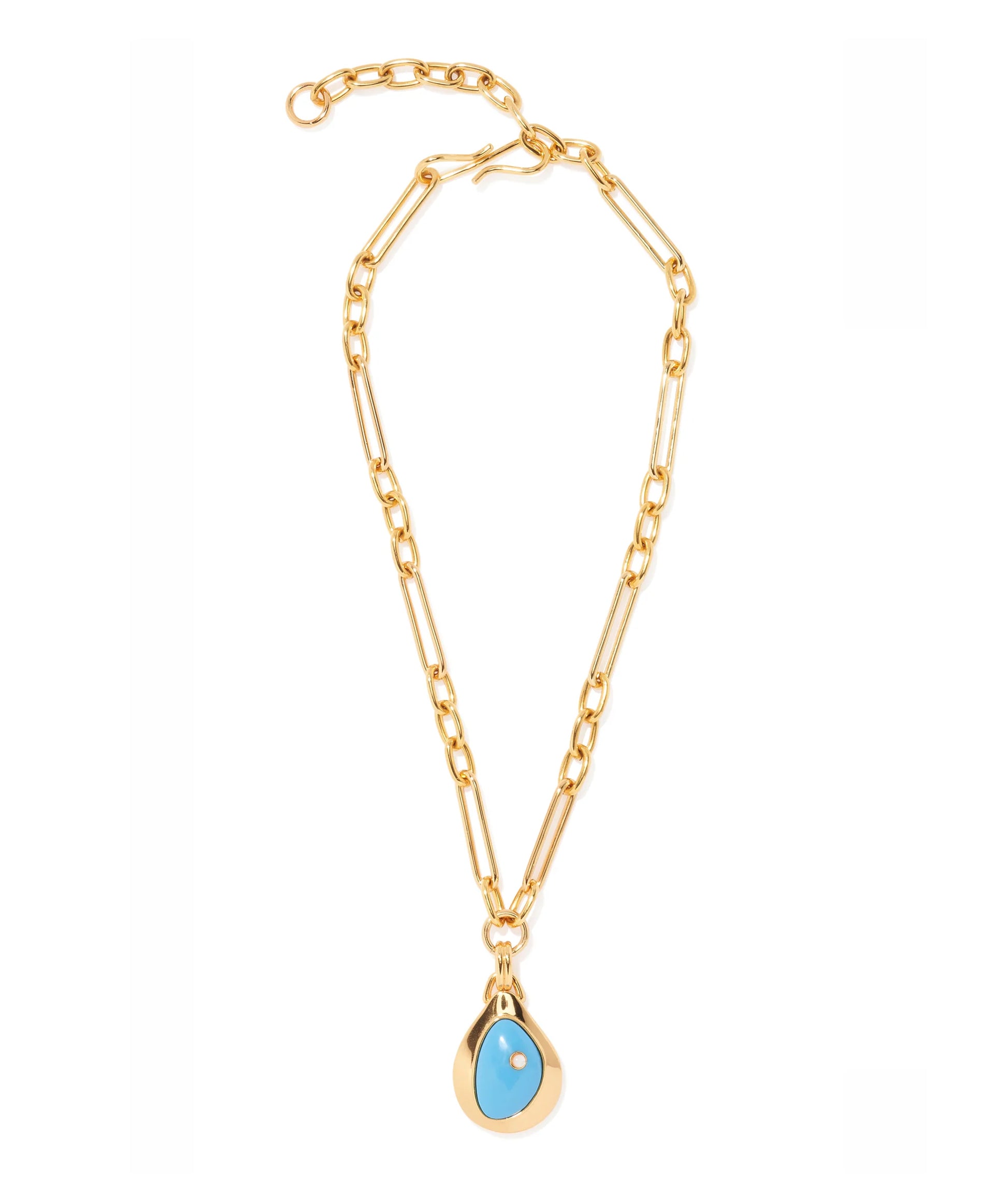 The Blue Pond Necklace by Lizzie Fortunato features gold-plated brass rectangular links and a teardrop shell pendant with a blue stone and central accent.