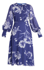 The Erdem Long Sleeve Midi Dress is a silk voile piece in heather, featuring a delicate white floral pattern, sheer puffed sleeves, and a knee-length skirt.