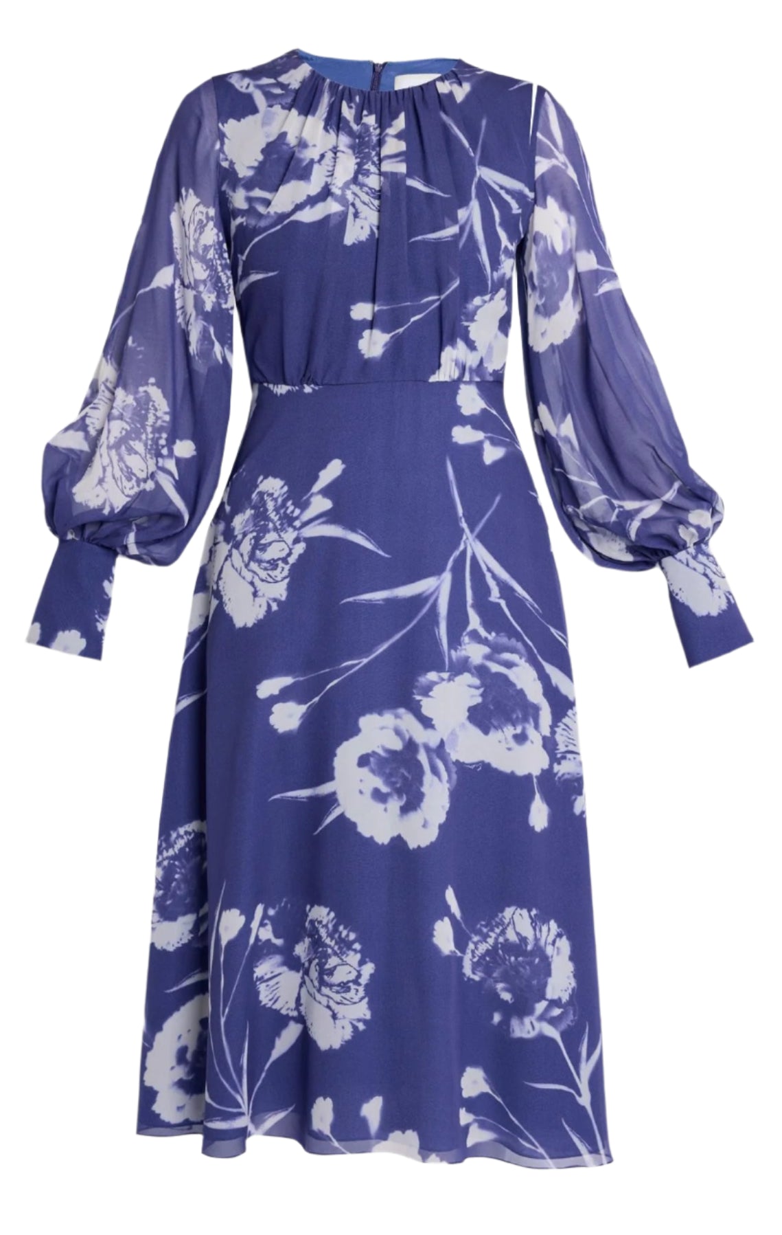 The Erdem Long Sleeve Midi Dress is a silk voile piece in heather, featuring a delicate white floral pattern, sheer puffed sleeves, and a knee-length skirt.