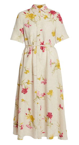 Erdem's Short Sleeve Linen Shirt Dress features a beige floral-pattern with pink and yellow blooms, short sleeves, and a tie-fastening waist belt for an elegant touch.