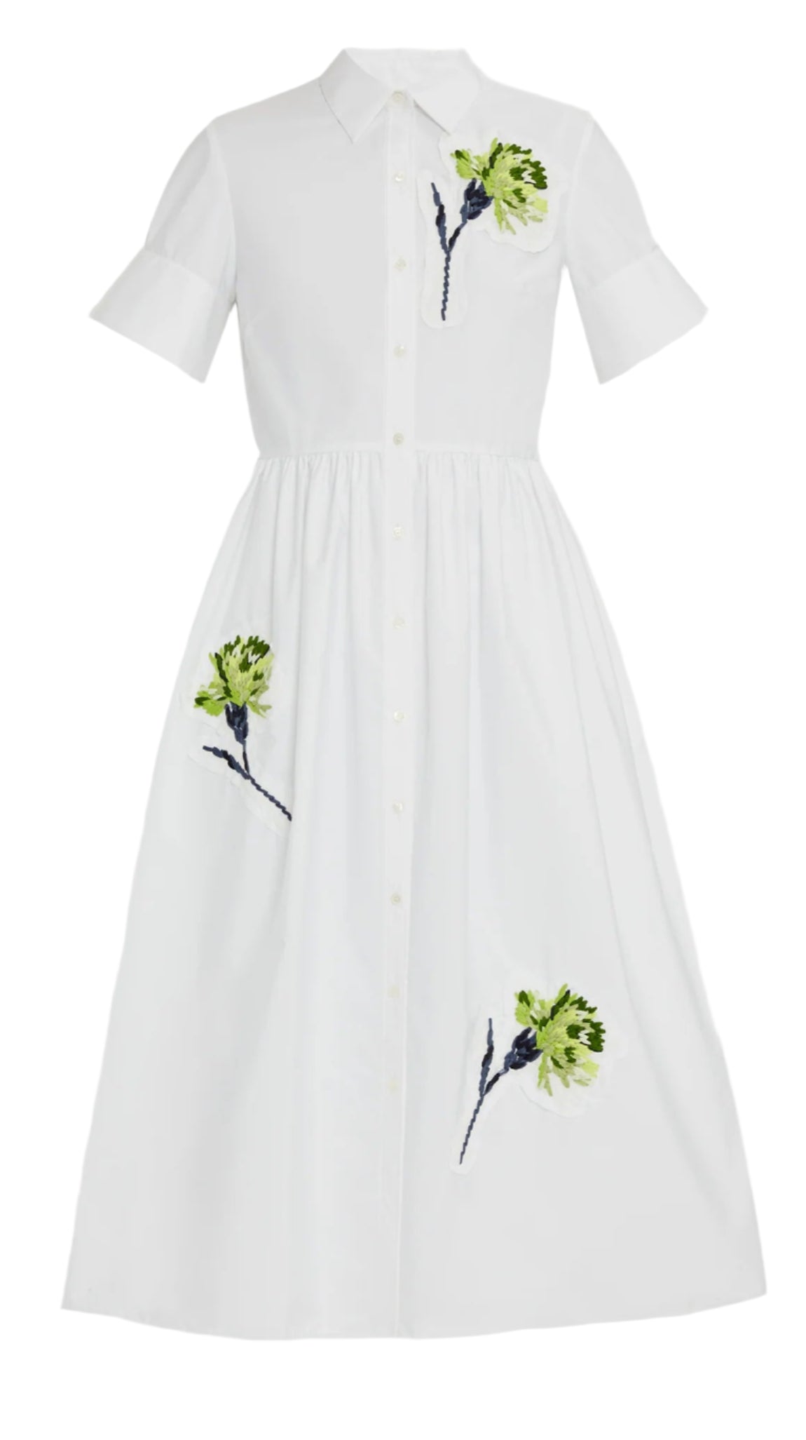 The Erdem Short Sleeve Embroidered Shirt Dress features a white A-line midi design with a button-down front and subtle green floral embroidery on the chest and skirt, offering effortless elegance.